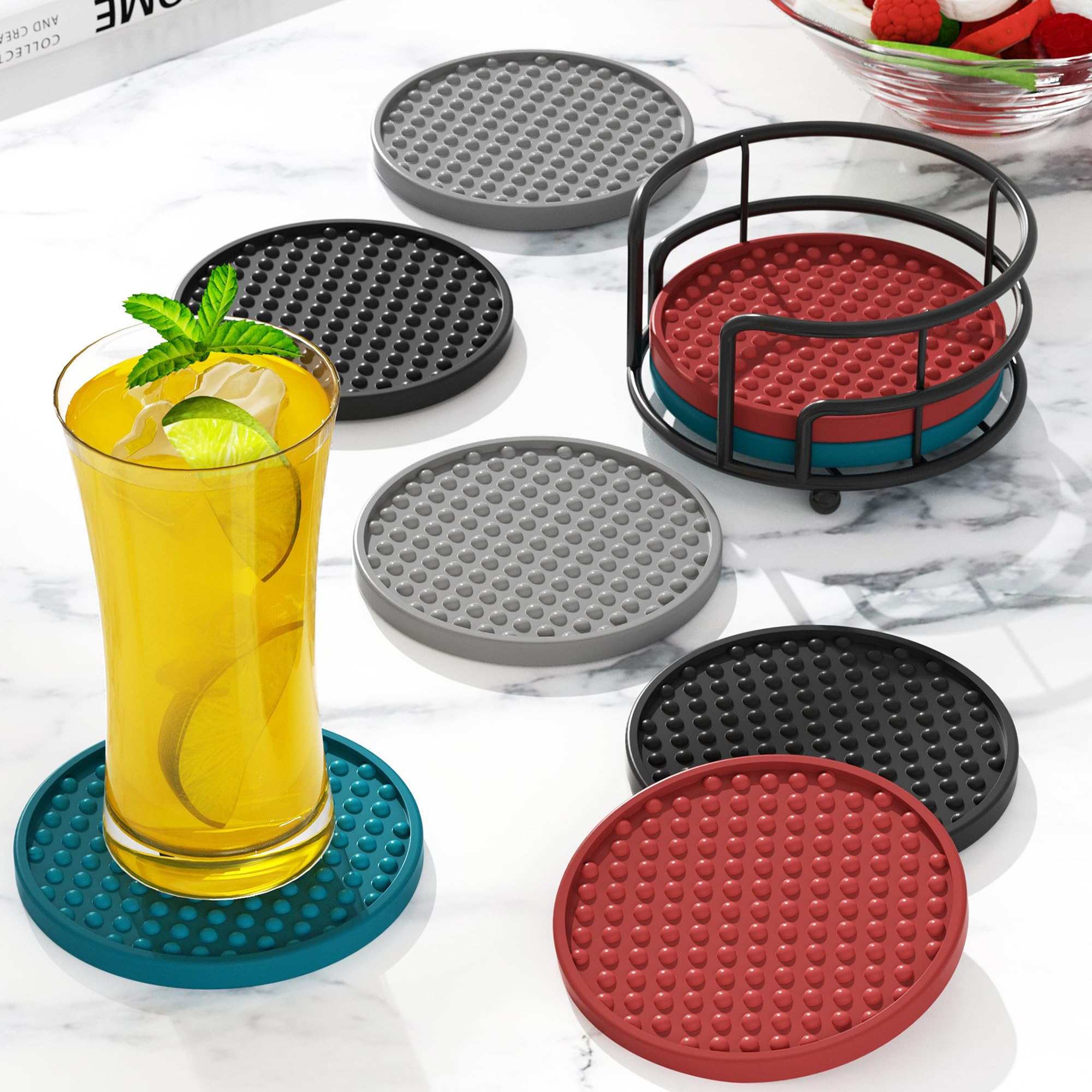 HFHOME Drink Coasters, 6 Pack Silicone Coasters Set with Holder, Coasters for Drinks for Coffee Table, Table Cup Mat Desk Coaster for Drinks, Bar Coasters for Home Decor Tabletop Protection - Gray