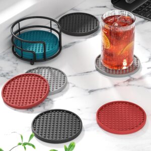 HFHOME Drink Coasters, 6 Pack Silicone Coasters Set with Holder, Coasters for Drinks for Coffee Table, Table Cup Mat Desk Coaster for Drinks, Bar Coasters for Home Decor Tabletop Protection - Gray