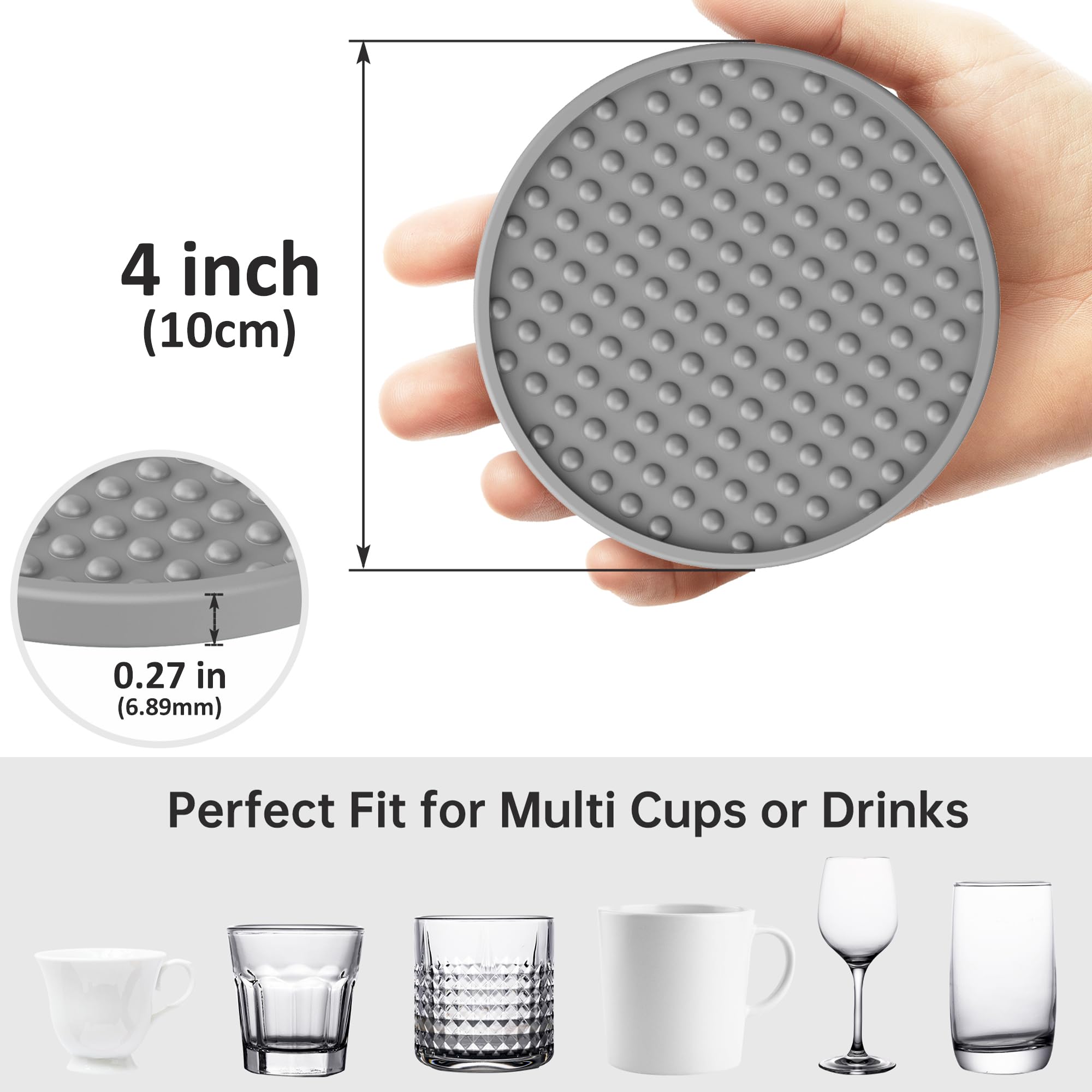 HFHOME Drink Coasters, 6 Pack Silicone Coasters Set with Holder, Coasters for Drinks for Coffee Table, Table Cup Mat Desk Coaster for Drinks, Bar Coasters for Home Decor Tabletop Protection - Gray