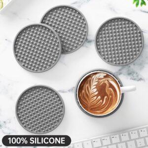 HFHOME Drink Coasters, 6 Pack Silicone Coasters Set with Holder, Coasters for Drinks for Coffee Table, Table Cup Mat Desk Coaster for Drinks, Bar Coasters for Home Decor Tabletop Protection - Gray