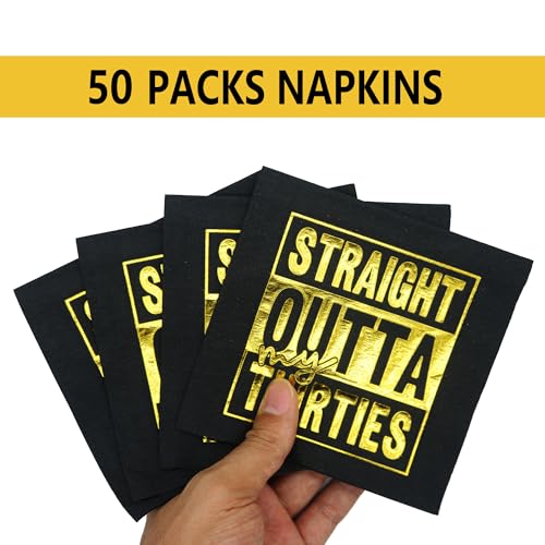 Straight Outta My Thirties Napkins,40th Birthday Napkin,Black Gold 40th Birthday Cocktail Napkins,ZJ 40th Birthday Party Decorations,Cheers to 40 Years, 40 Fabulous(5 x 5 In,Gold Foil 50-Pack)