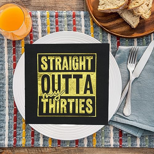 Straight Outta My Thirties Napkins,40th Birthday Napkin,Black Gold 40th Birthday Cocktail Napkins,ZJ 40th Birthday Party Decorations,Cheers to 40 Years, 40 Fabulous(5 x 5 In,Gold Foil 50-Pack)