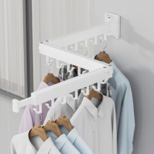 Dr.DJ Clothes Drying Rack for Laundry, Retractable Clothes Hanger Rack Wall Mounted Folding Indoor, Drying Rack, Space Saver Clothes Rack,Collapsible (Tri-Fold) with 18 J-Hooks Laundry Rack White