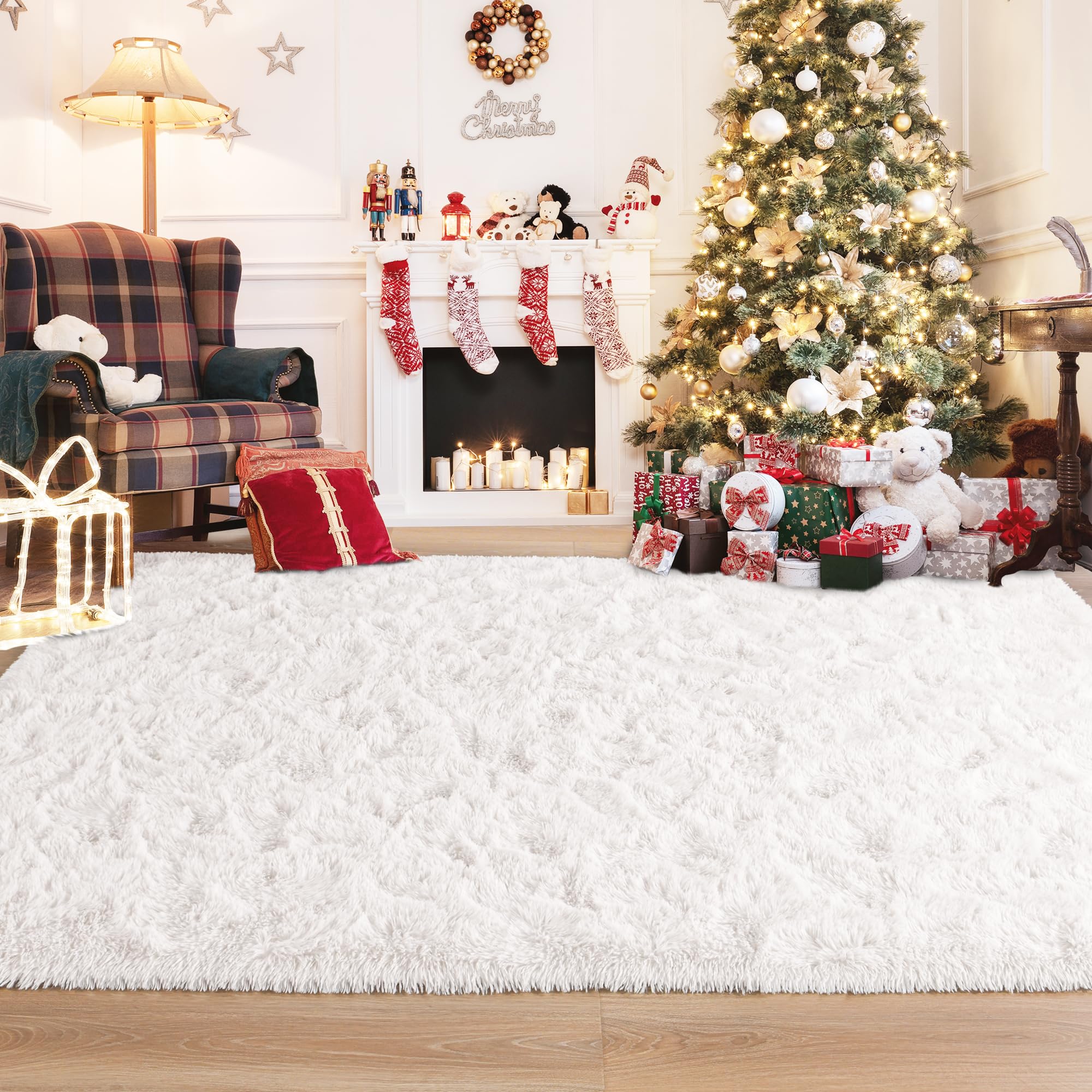 Foxmas Soft Area Rug for Living Room 8x10 Feet, Washable Large Fluffy Bedroom Rugs Thick Shaggy Carpet with Non-Slip Bottom for Kids Girls Dorm Room Modern Indoor Home Decor, Cream