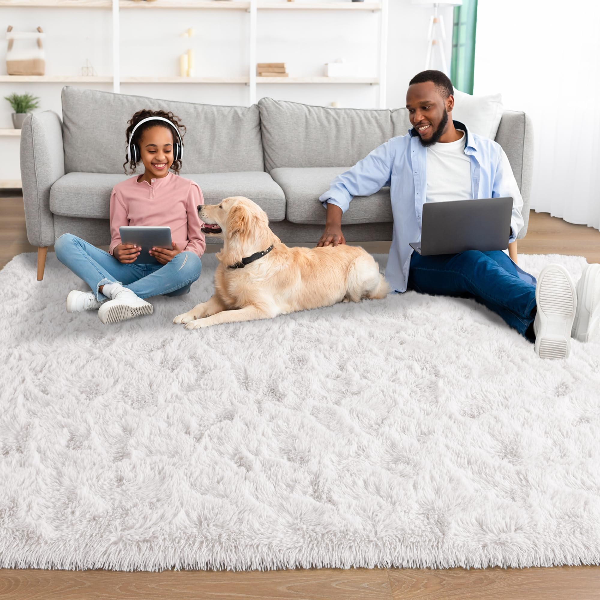 Foxmas Soft Area Rug for Living Room 8x10 Feet, Washable Large Fluffy Bedroom Rugs Thick Shaggy Carpet with Non-Slip Bottom for Kids Girls Dorm Room Modern Indoor Home Decor, Cream