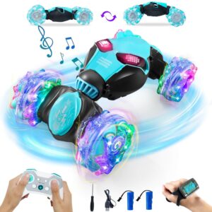 agneve gesture sensing rc stunt car with lights music hand controlled remote control car 4wd 2.4ghz off-road 360° double sided rotation stunt car for boys girls (light blue)