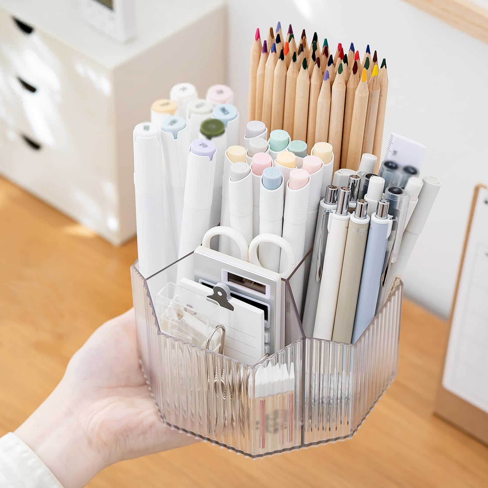 INSTOME Clear Pen Holder,360°Rotating Pen Holder for Desk Organizer,5 Compartments and Makeup Brush Holders,Multifunctional Office Supplies for Home,Teachers and School (clear)