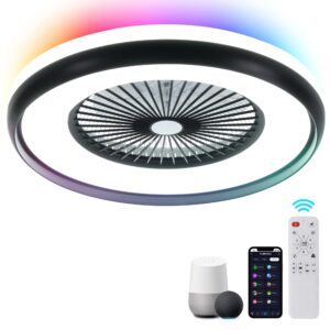 HUMHOLD 24" Low Profile Ceiling Fans with Lights - Smart Bladeless Ceiling Fan with Voice/APP Control Dimmable Color Chaning LED-RGB Back Ambient Light, Flush Mount Ceiling Fans Black