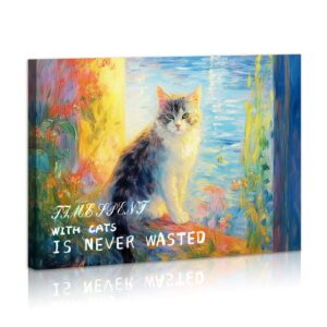 Cat Themed Canvas Wall Art Time Spent with Cat Charming and Whimsical Artwork Modern Cat Portrait Playful and Colorful Wall Decor Framed Oil Painting 12 * 16 Inch