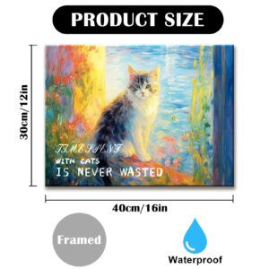 Cat Themed Canvas Wall Art Time Spent with Cat Charming and Whimsical Artwork Modern Cat Portrait Playful and Colorful Wall Decor Framed Oil Painting 12 * 16 Inch