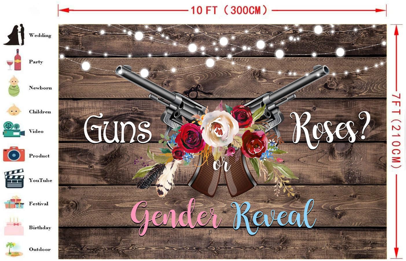 Lofaris Guns or Roses Gender Reveal Backdrop Rustic Wooden Photography Background Shining Lights He or She Boy or Girl Baby Shower Party Newborn Banner Decorations Supplies Photo Booth Props 10x7ft