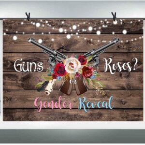 Lofaris Guns or Roses Gender Reveal Backdrop Rustic Wooden Photography Background Shining Lights He or She Boy or Girl Baby Shower Party Newborn Banner Decorations Supplies Photo Booth Props 10x7ft