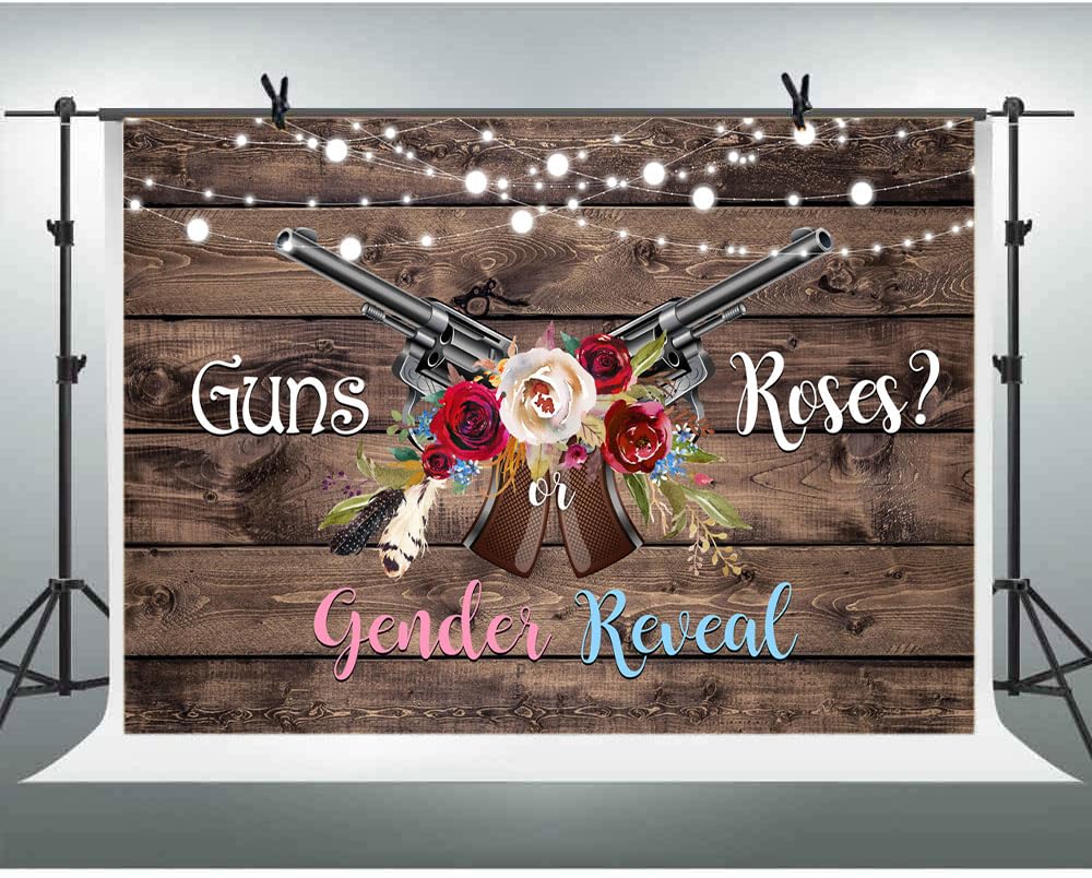 Lofaris Guns or Roses Gender Reveal Backdrop Rustic Wooden Photography Background Shining Lights He or She Boy or Girl Baby Shower Party Newborn Banner Decorations Supplies Photo Booth Props 10x7ft