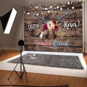 Lofaris Guns or Roses Gender Reveal Backdrop Rustic Wooden Photography Background Shining Lights He or She Boy or Girl Baby Shower Party Newborn Banner Decorations Supplies Photo Booth Props 10x7ft