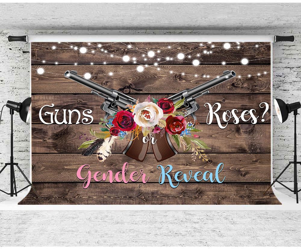 Lofaris Guns or Roses Gender Reveal Backdrop Rustic Wooden Photography Background Shining Lights He or She Boy or Girl Baby Shower Party Newborn Banner Decorations Supplies Photo Booth Props 10x7ft