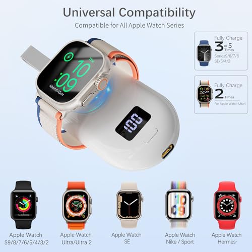 AORATY 3000mAh(Large-Capacity) Portable Charger for Apple Watch, 2 in 1 Wireless Magnetic iWatch Charger with Digital Display Travel Power Bank for Apple Watch Series 9/8/7/6/5/4/SE/Ultra 2/Ultra