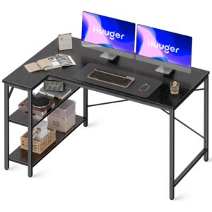 huuger l shaped desk, 47 inches computer desk with reversible storage shelves, gaming desk, corner desk home office desks, writing desk study desk with metal frame, black