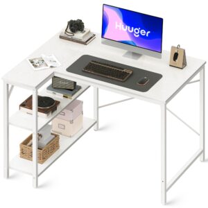 huuger l shaped desk, 39 inches computer desk with reversible storage shelves, gaming desk, corner desk home office desks, writing desk study desk with metal frame, white