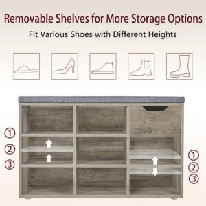 DINZI LVJ Shoe Bench, Entryway Storage Bench with Drawer and 8 Cubbies, Cubby Shoe Rack with Adjustable Shelves, Shoe Organizer Cabinet for Living Room, Bedroom, Mudroom, Closet and Garage, Grey Wash