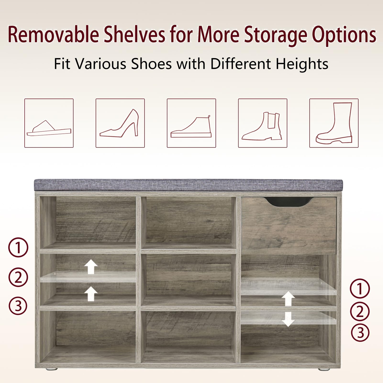 DINZI LVJ Shoe Bench, Entryway Storage Bench with Drawer and 8 Cubbies, Cubby Shoe Rack with Adjustable Shelves, Shoe Organizer Cabinet for Living Room, Bedroom, Mudroom, Closet and Garage, Grey Wash