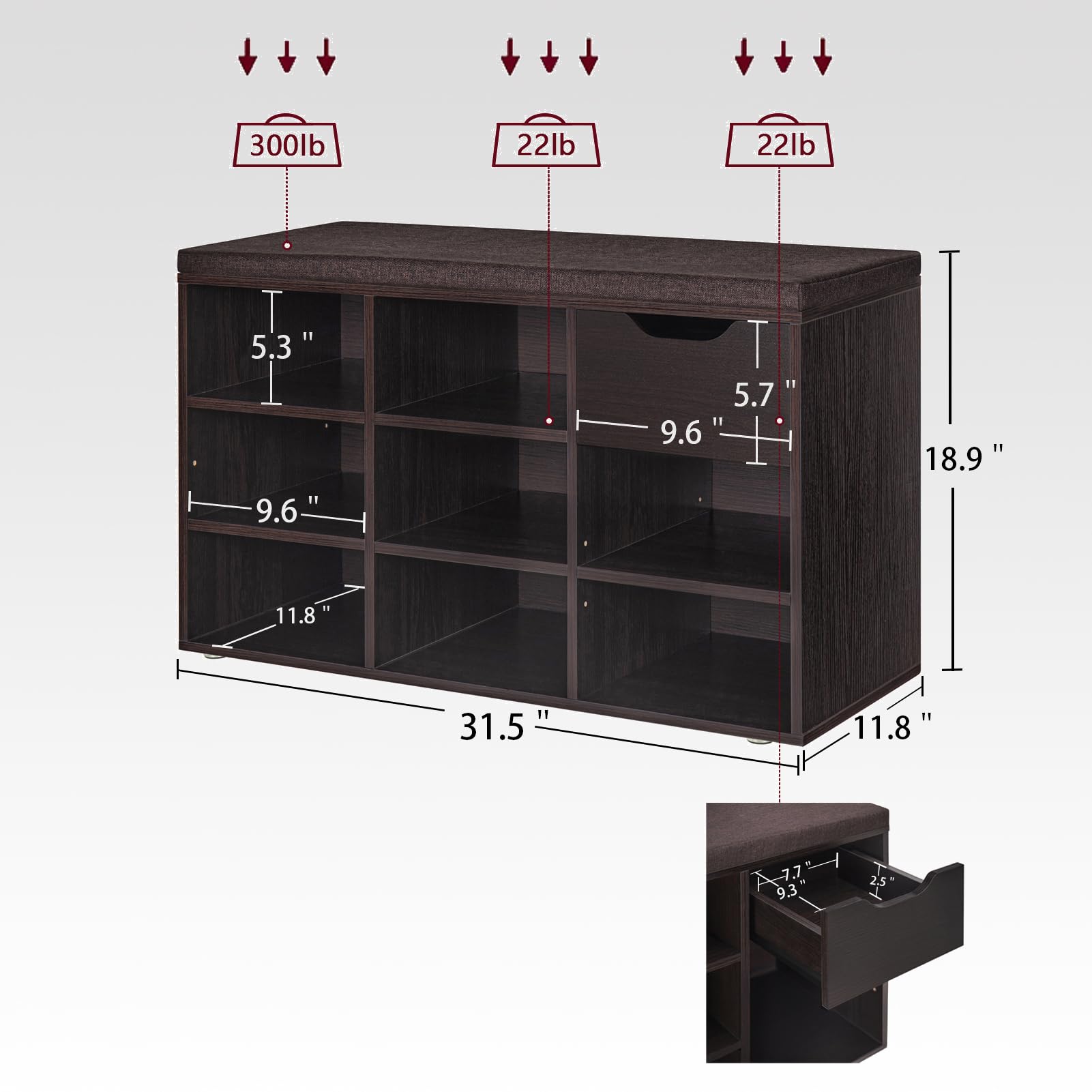 DINZI LVJ Shoe Bench, Entryway Storage Bench with Drawer and 8 Cubbies, Cubby Shoe Rack with Adjustable Shelves, Shoe Organizer Cabinet for Living Room, Bedroom, Mudroom, Closet and Garage, Espresso