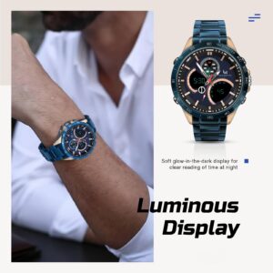 VERULEAN Mens Watches Military Watch for Men Japanese Movement Multifunctional LED Alarm Stopwatch Stainless Steel Waterproof Sport Watch 2 Time Zone Analog Digital Watch (QCS101-Blue & Gold -Black)