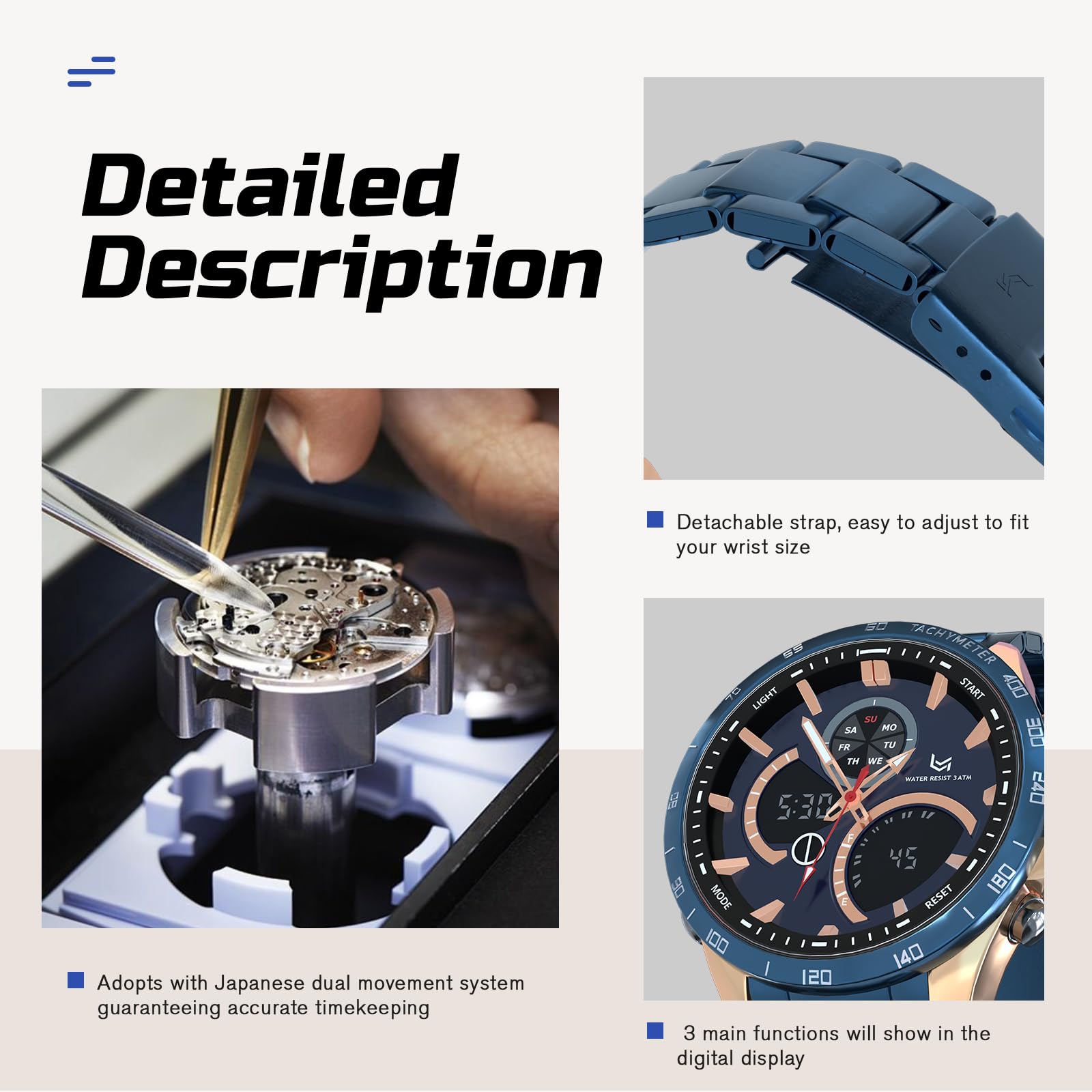 VERULEAN Mens Watches Military Watch for Men Japanese Movement Multifunctional LED Alarm Stopwatch Stainless Steel Waterproof Sport Watch 2 Time Zone Analog Digital Watch (QCS101-Blue & Gold -Black)