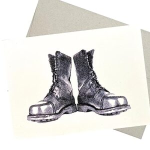 Military Card with Envelope (7X5 Inches and Blank for All Occasions) black boots for boot camp, a motivational note, say goodbye, I miss you, or to give thanks for military service - 210