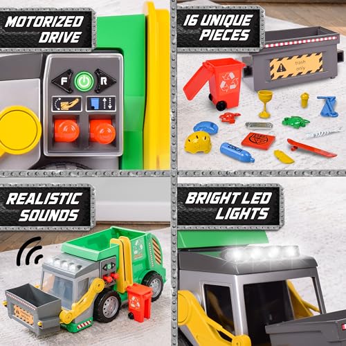 Maxx Action 19’’ 3-N-1 Maxx Recycler – Large Garbage Truck Toy with Lights, Sounds and Motorized Drive | Realistic Trash Truck with Dual Joystick Controllers - Sunny Days Entertainment | Green