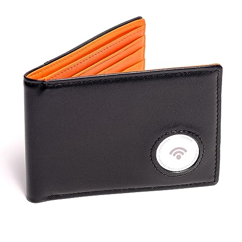 Mens Wallet with AirTag Holder, Slim Genuine Leather Bifold AirTag Wallet with Money Pocket, RFID Blocking, 9 Card Slots, Bill Divider, ID Window (Black & Orange)