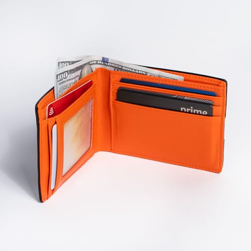 Mens Wallet with AirTag Holder, Slim Genuine Leather Bifold AirTag Wallet with Money Pocket, RFID Blocking, 9 Card Slots, Bill Divider, ID Window (Black & Orange)