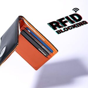 Mens Wallet with AirTag Holder, Slim Genuine Leather Bifold AirTag Wallet with Money Pocket, RFID Blocking, 9 Card Slots, Bill Divider, ID Window (Black & Orange)