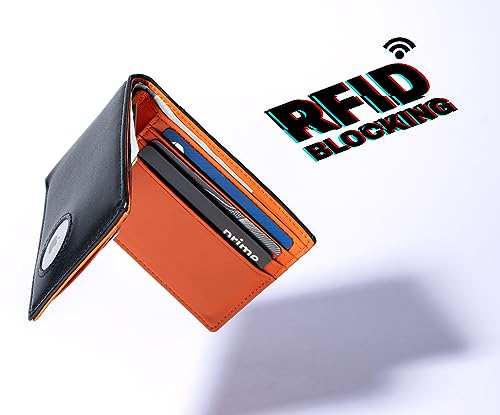 Mens Wallet with AirTag Holder, Slim Genuine Leather Bifold AirTag Wallet with Money Pocket, RFID Blocking, 9 Card Slots, Bill Divider, ID Window (Black & Orange)