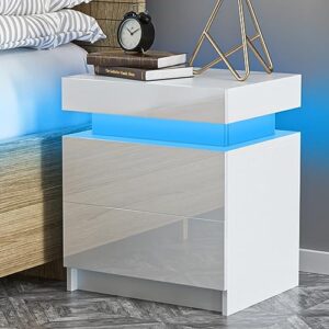 HOMMPA LED Nightstand White Nightstand with Led Lights Modern Night Stand with 2 High Gloss Drawers Led Bedside Table Smart Nightstand for Bedroom 20.5” Tall