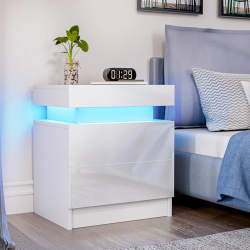 HOMMPA LED Nightstand White Nightstand with Led Lights Modern Night Stand with 2 High Gloss Drawers Led Bedside Table Smart Nightstand for Bedroom 20.5” Tall