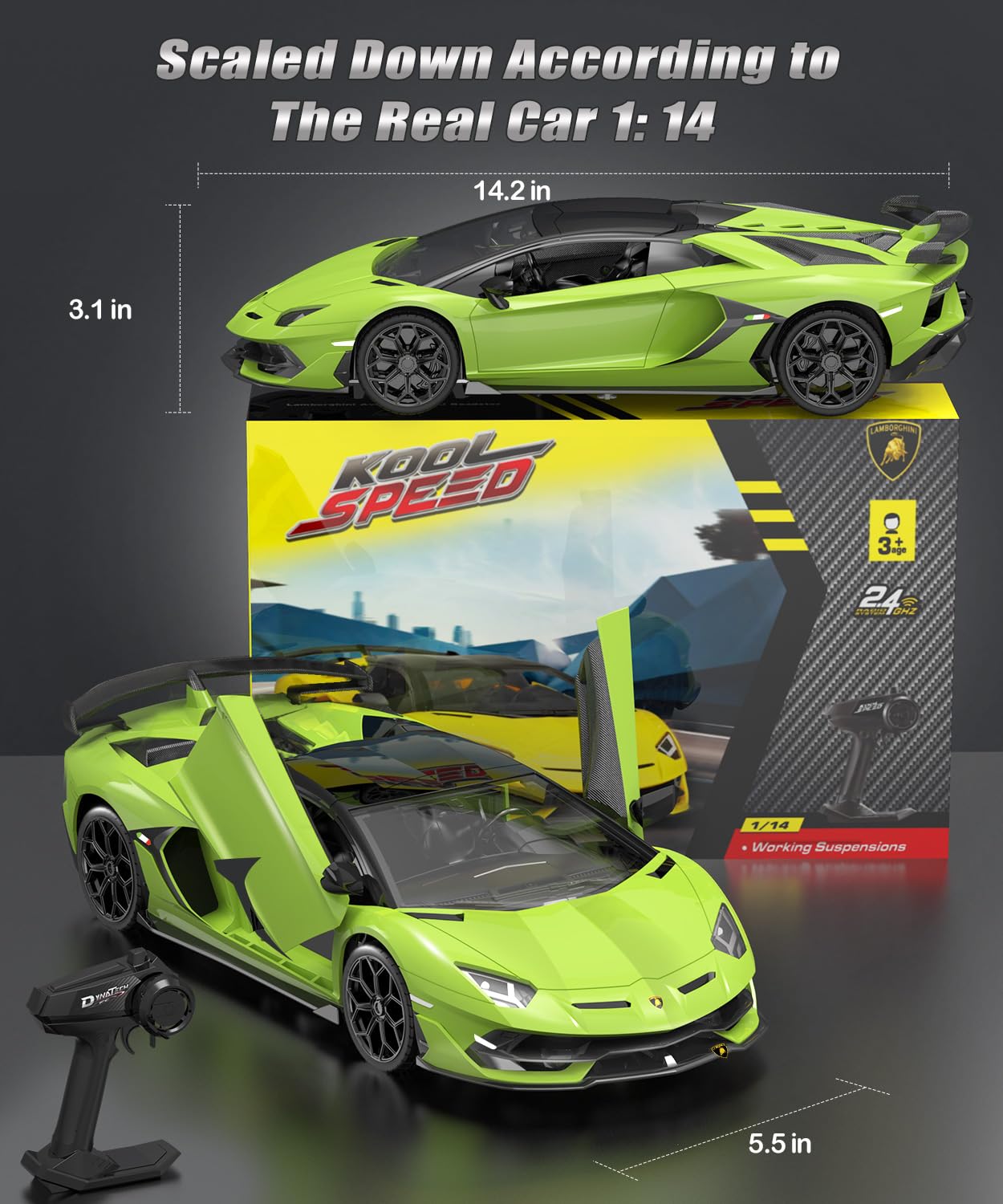 AEROQUEST Lamborghini Remote Control Car, Officially Licensed 1:14 Lambo RC Car 7.4V 500mAh with 15km/h Fast Model Car Toys for Adults Boys Girls Birthday Ideas Gift, Green