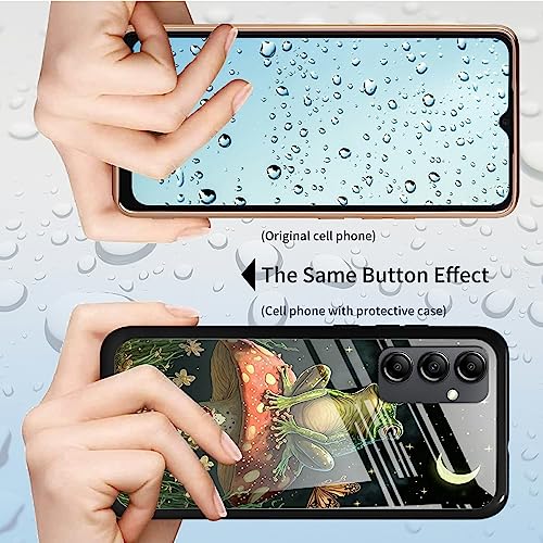 Galaxy A14 5G Phone Case for Samsung Galaxy A14 5G Case Tempered Glass Black Cover with Mushroom Frog Design for Women Men Anti-Scratch Shockproof Protection Case for Samsung A14 5G 2023 6.6 inch