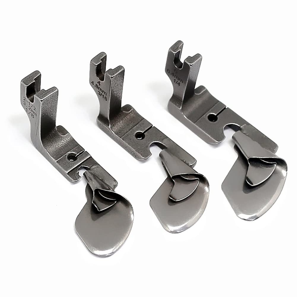 Fbshicung 5 Piece Industrial Curved Scroll Hemmer Foot （3.2mm/4.8mm/6.4mm/8mm/9.5mm） Hem Pull Tube Presser Foot Silk Chiffon Skirt Crimping Presser Foot