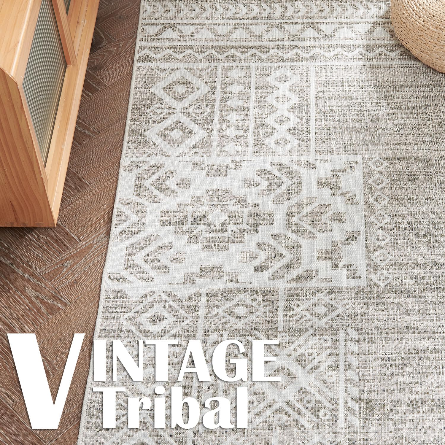 jinchan Area Rug - 4x6 Ultra-Thin Washable Rug, Vintage Living Room Rug, Boho Rug Geometric, Non-Slip Non-Shedding Carpet for Kitchen Bedroom(4x6ft, Brown Ivory)