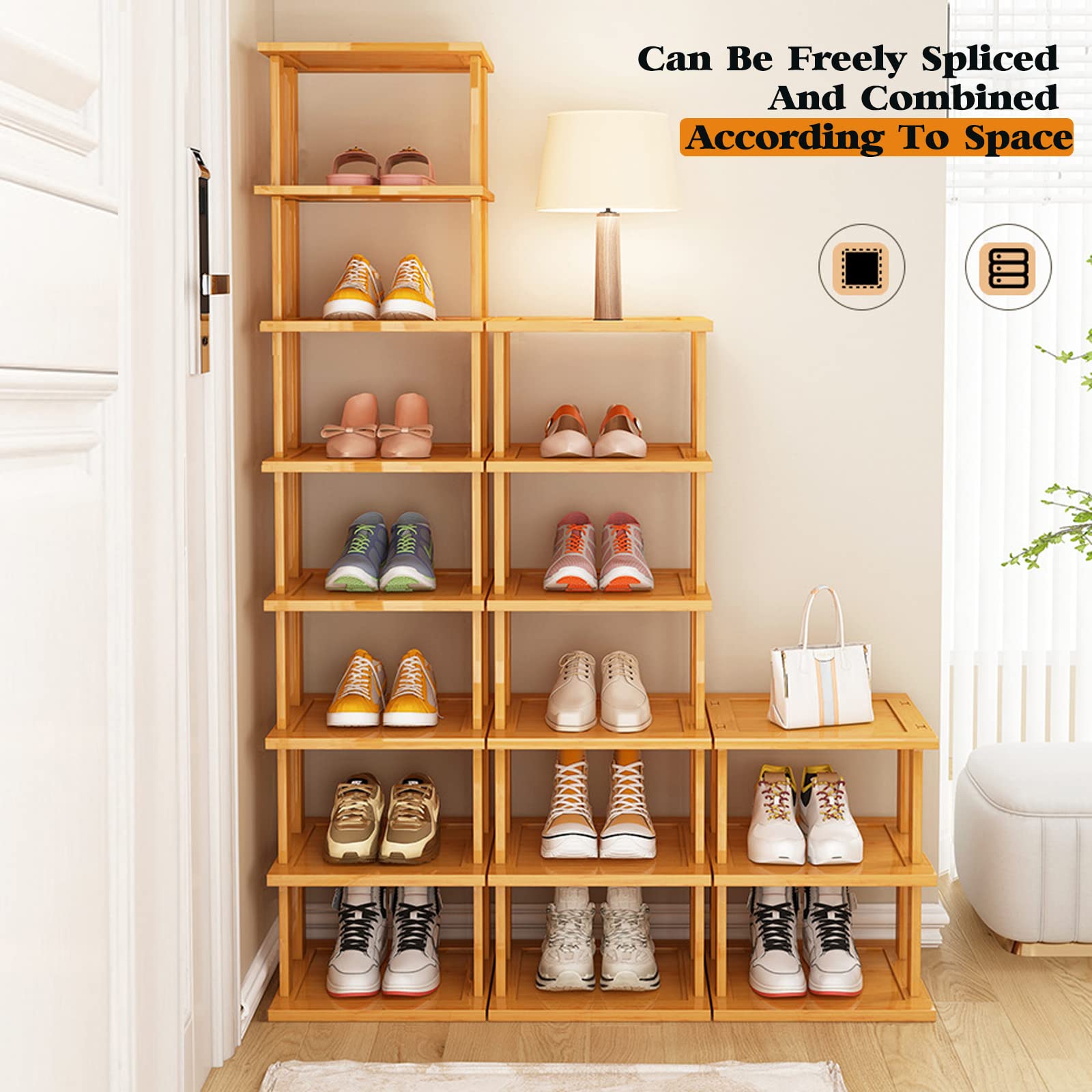 Bamboo Shoe Rack 17 Tier- Vertical Shoe Rack for Small Spaces, Tall Narrow Shoe Rack Organizer for Closet Entryway Corner Garage and Bedroom,Skinny Shoe Shelf with Free Stackable DIY