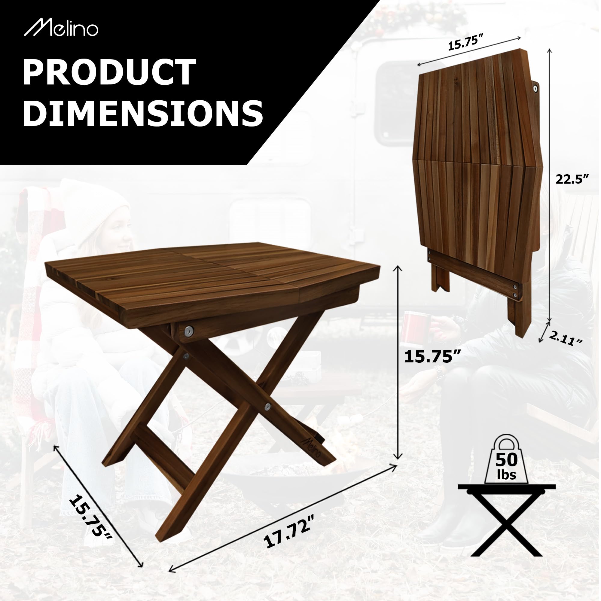 Melino Wooden Folding Table, Acacia Wooden Small Table for Indoor and Outdoor uses, Weather Resistant and Fully Assembled (Chestnut)