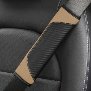 BESULEN Car Seat Belt Cover, 2 Pack Carbon Fiber Leather Seatbelt Shoulder Pad, Auto Safety Seat Belt Cushion Protector Compatible with All Cars and Backpack Strap (Beige)