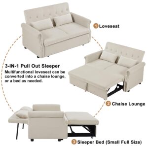 ARCLIS 55" Pull Out Sofa Bed, Velvet Loveseat Sleeper Couch Small Sleeper Sofa Modern Convertible Sofa Bed with Button Tufted Backrest & 2 Pillows for Apartment Office Living Room (Beige)