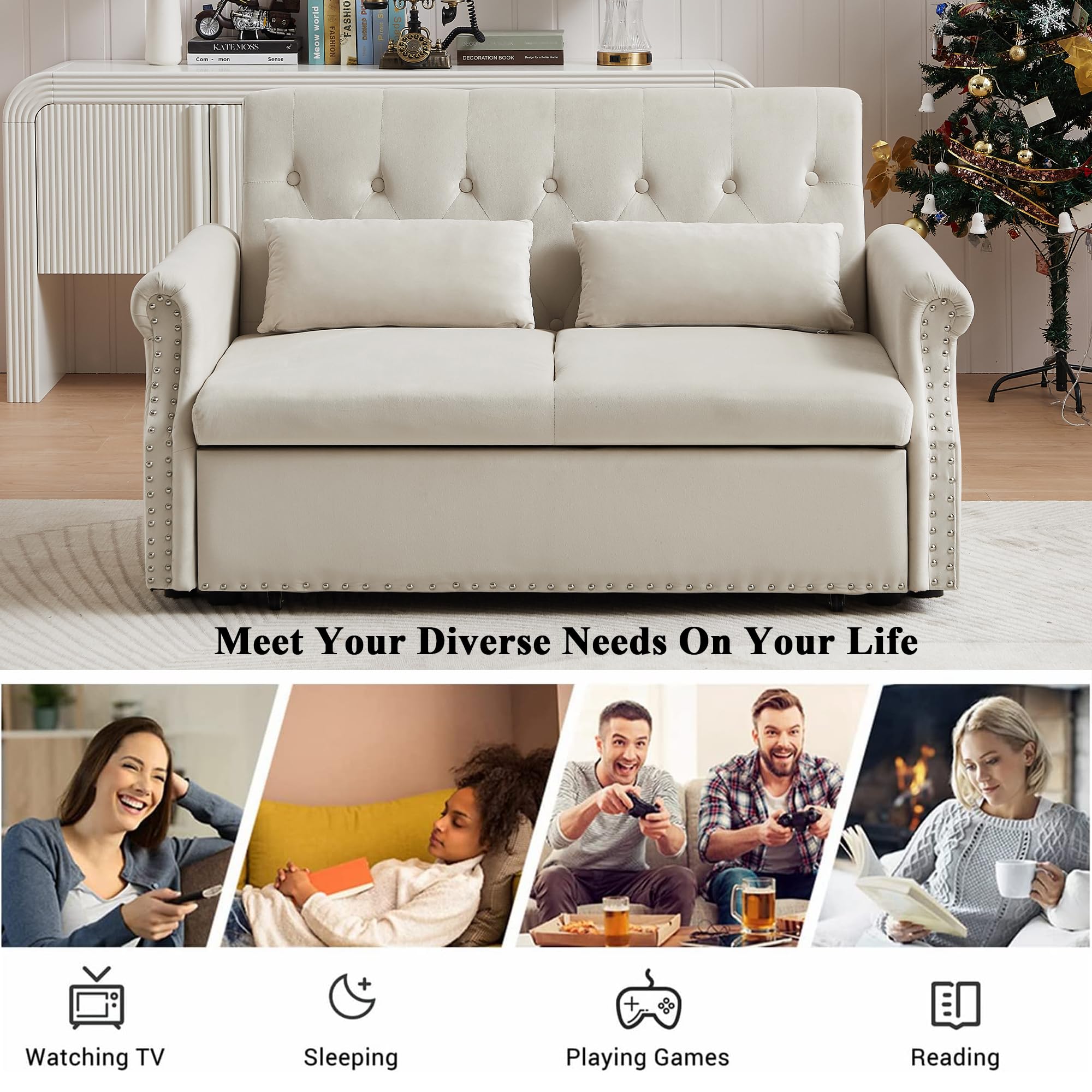 ARCLIS 55" Pull Out Sofa Bed, Velvet Loveseat Sleeper Couch Small Sleeper Sofa Modern Convertible Sofa Bed with Button Tufted Backrest & 2 Pillows for Apartment Office Living Room (Beige)