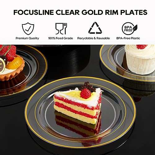 FOCUSLINE 100 Count Clear Gold Plastic Plates 7 Inch, Disposable Heavy Duty Clear Plates with Gold Rim, Premium Hard Plastic Plates Fancy Disposable Clear Salad Plates for Wedding Parties