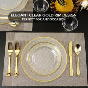 FOCUSLINE 100 Count Clear Gold Plastic Plates 7 Inch, Disposable Heavy Duty Clear Plates with Gold Rim, Premium Hard Plastic Plates Fancy Disposable Clear Salad Plates for Wedding Parties