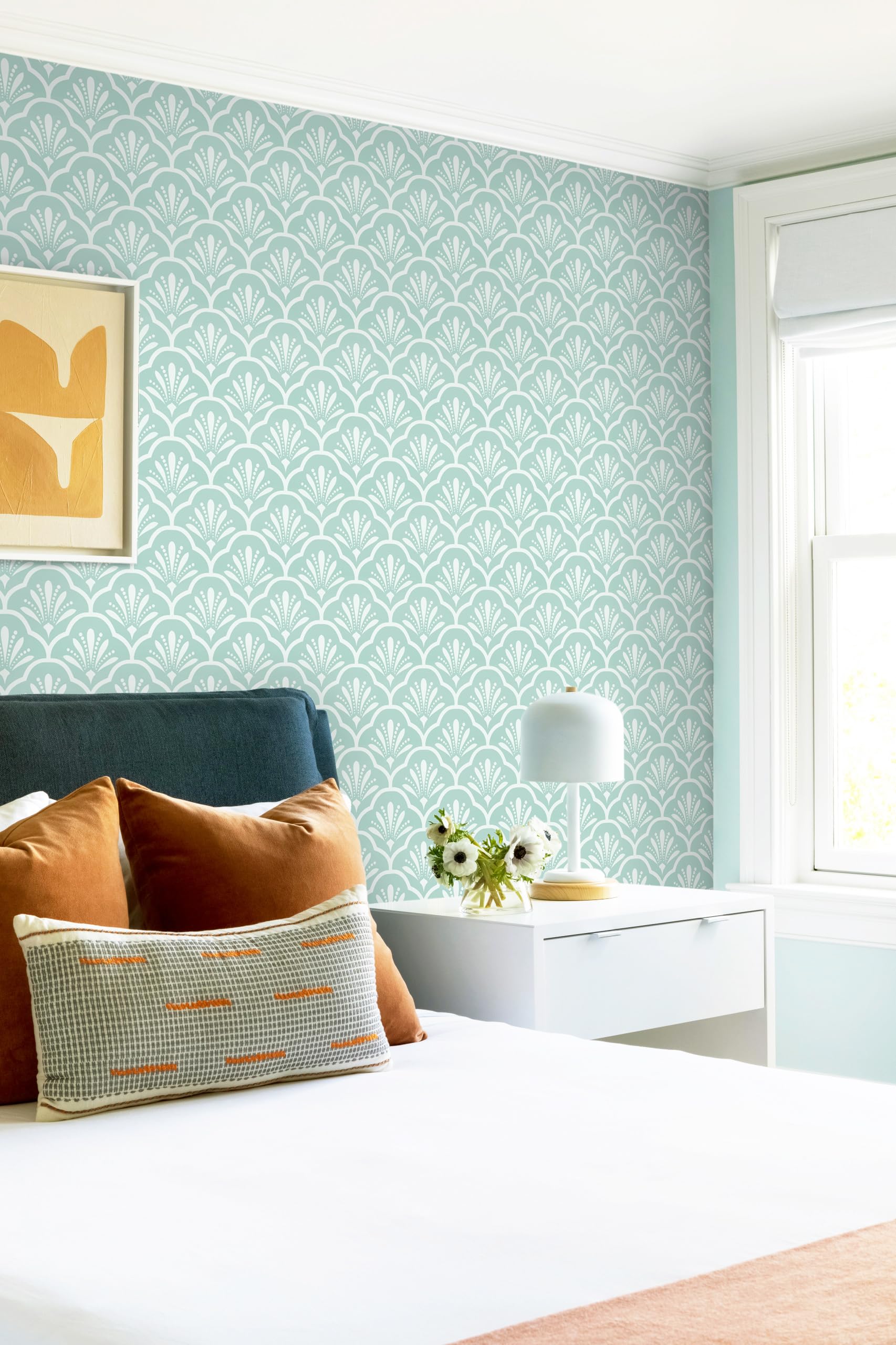 Guvana Green Peel and Stick Wallpaper Geometric Contact Paper Modern DIY Self Adhesive Wallpaper 17.32" X78.7"Removable Contact Paper White Trellis Decorative Paper for Accent Wall Covering Vinyl Roll