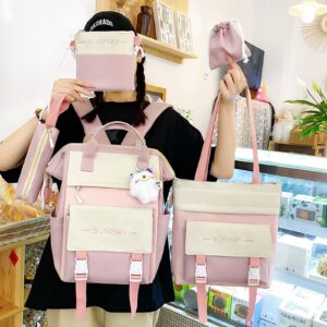 Tenbip 5Pcs Kawaii Backpack Cute Backpack Aesthetic Backpack Preppy Backpack Set Kawaii School Supplies with Accessories (Pink)