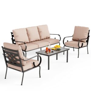 PHI VILLA 4 Pieces Extra Large Patio Outdoor Furniture Sets, Heavy Duty Patio Conversation Sets for 5, 1x 3-Seat Outdoor Sofa, 2 Armchairs and 1 Coffee Table for Backyard, Porch and Garden