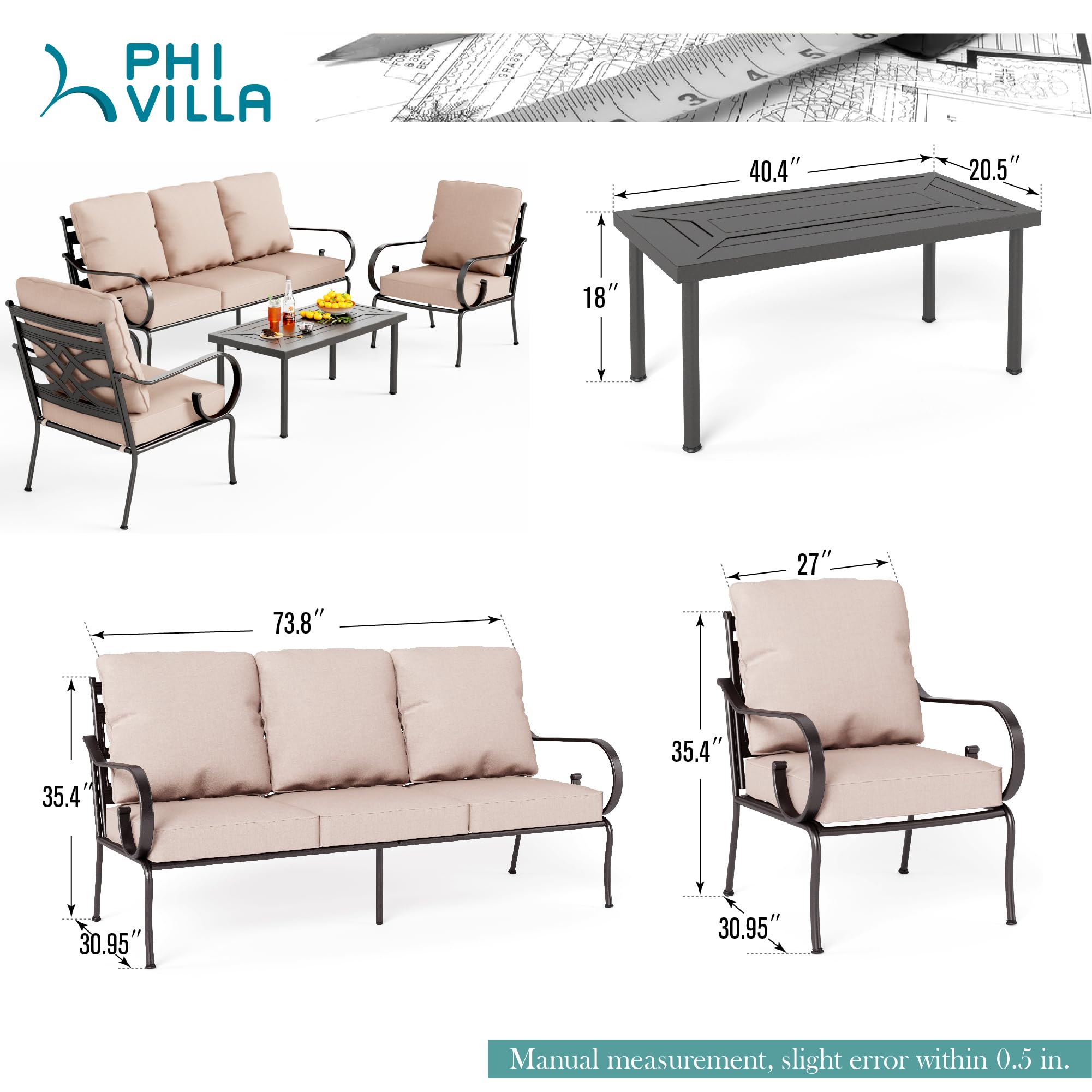 PHI VILLA 4 Pieces Extra Large Patio Outdoor Furniture Sets, Heavy Duty Patio Conversation Sets for 5, 1x 3-Seat Outdoor Sofa, 2 Armchairs and 1 Coffee Table for Backyard, Porch and Garden